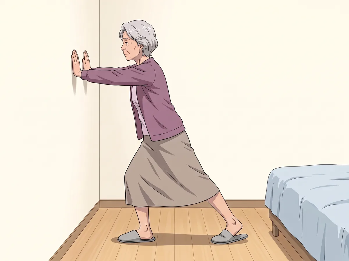 壁に両手をつき、片足を後ろに引いてふくらはぎを伸ばす高齢の女性