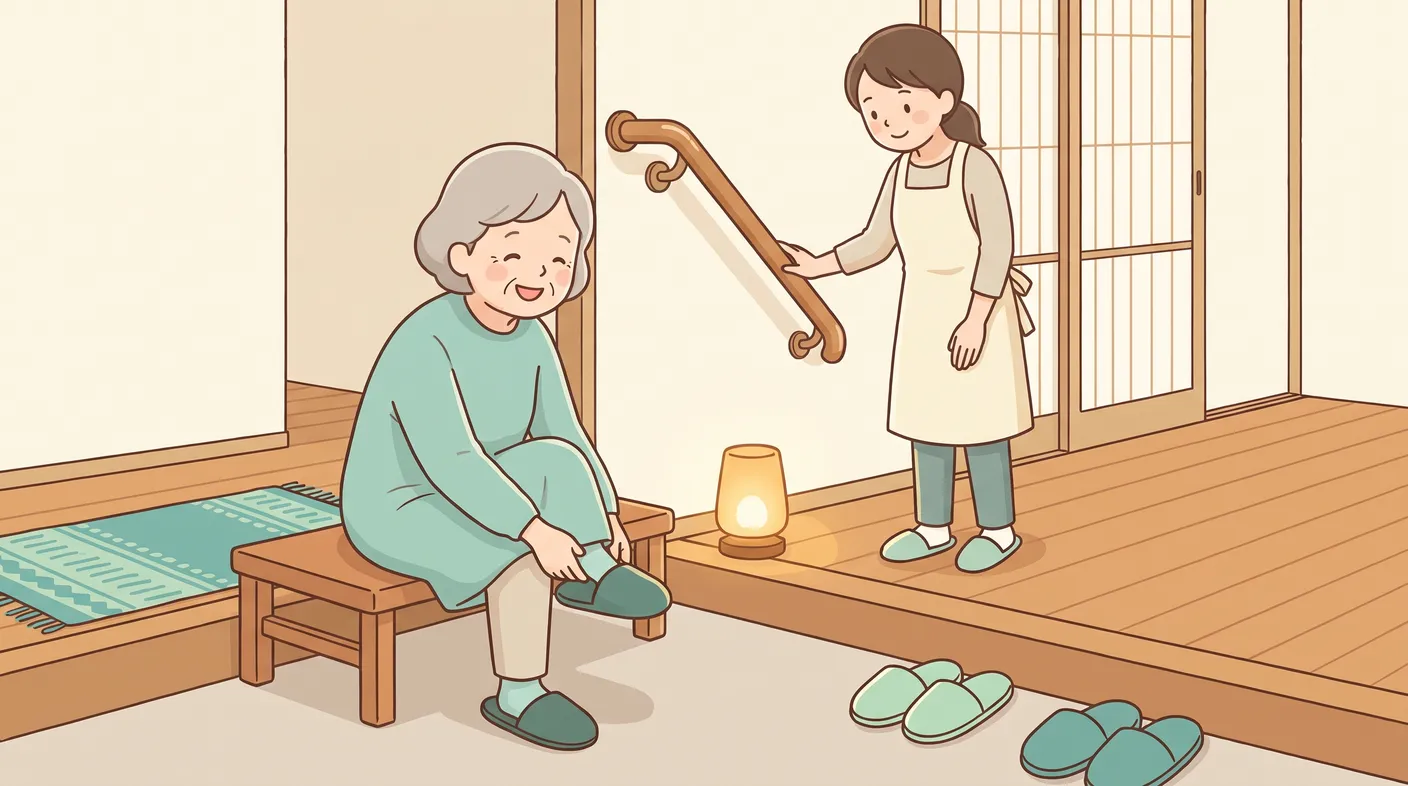 明るい玄関でかかとのある室内履きをはく高齢の女性と、手すりに手を添えるご家族