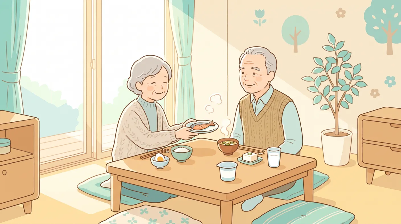 家族と食卓を囲み、卵や魚の並ぶ朝ごはんを楽しむ年配の夫婦