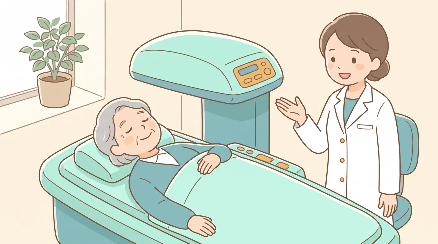 骨密度検査を受ける女性と、やさしく説明する医師