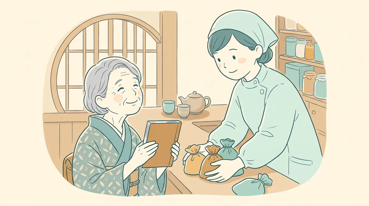 お薬手帳を一冊にまとめる女性と、寄り添う薬剤師