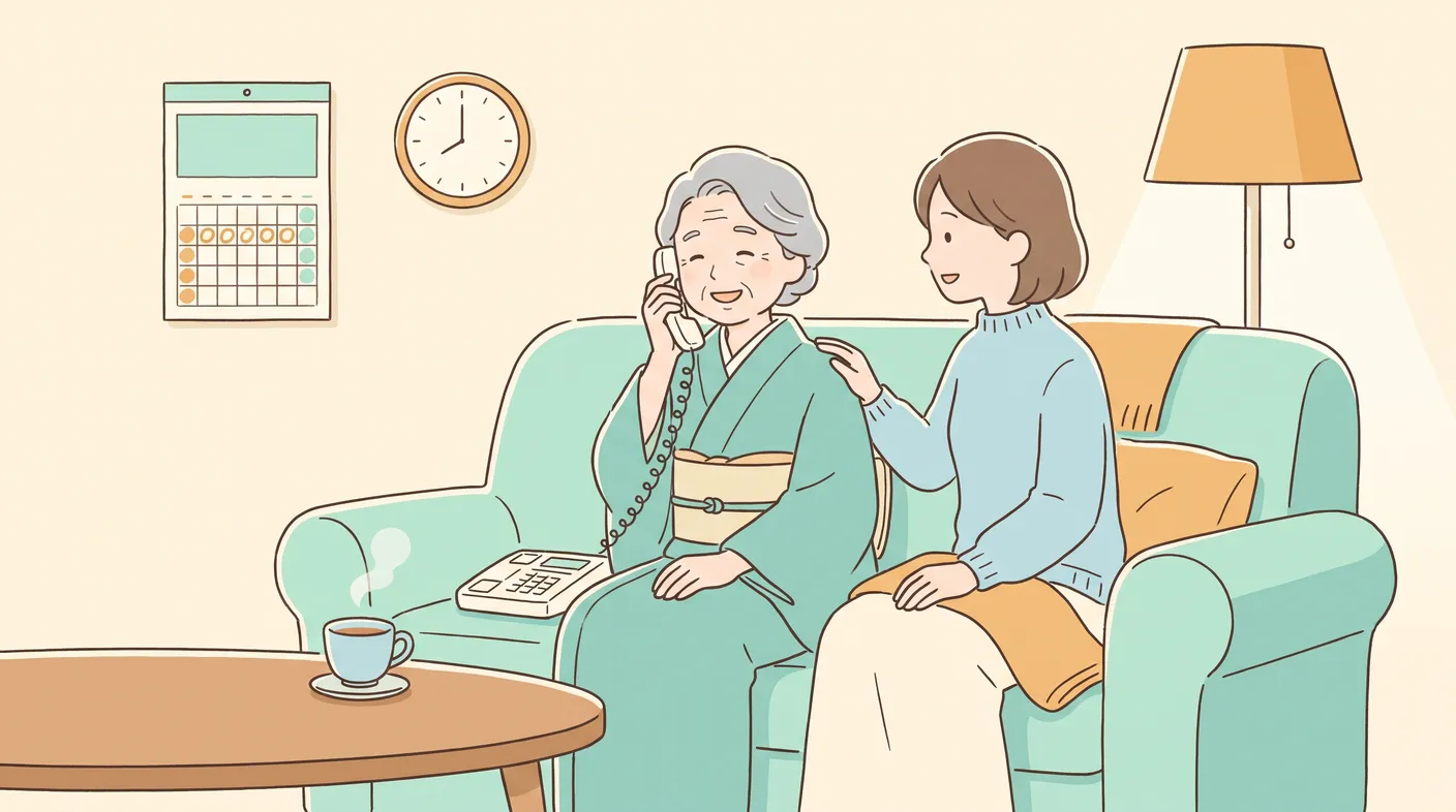 落ち着いてかかりつけ医に電話する女性と、寄り添うご家族