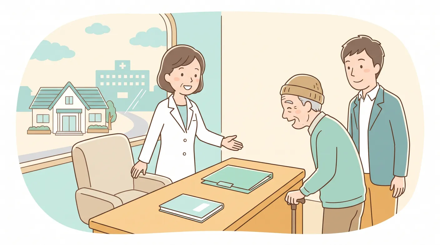診察室で患者さんとご家族を迎える医師