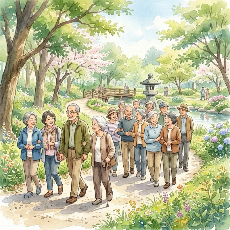 公園を散歩する高齢者のグループ