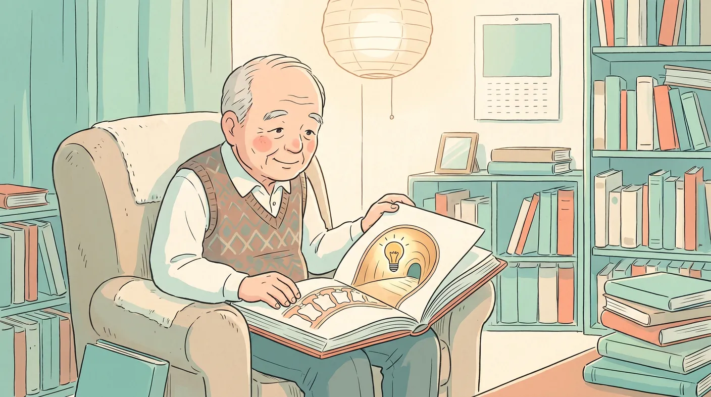 背骨のしくみの絵をやさしく眺める年配の男性