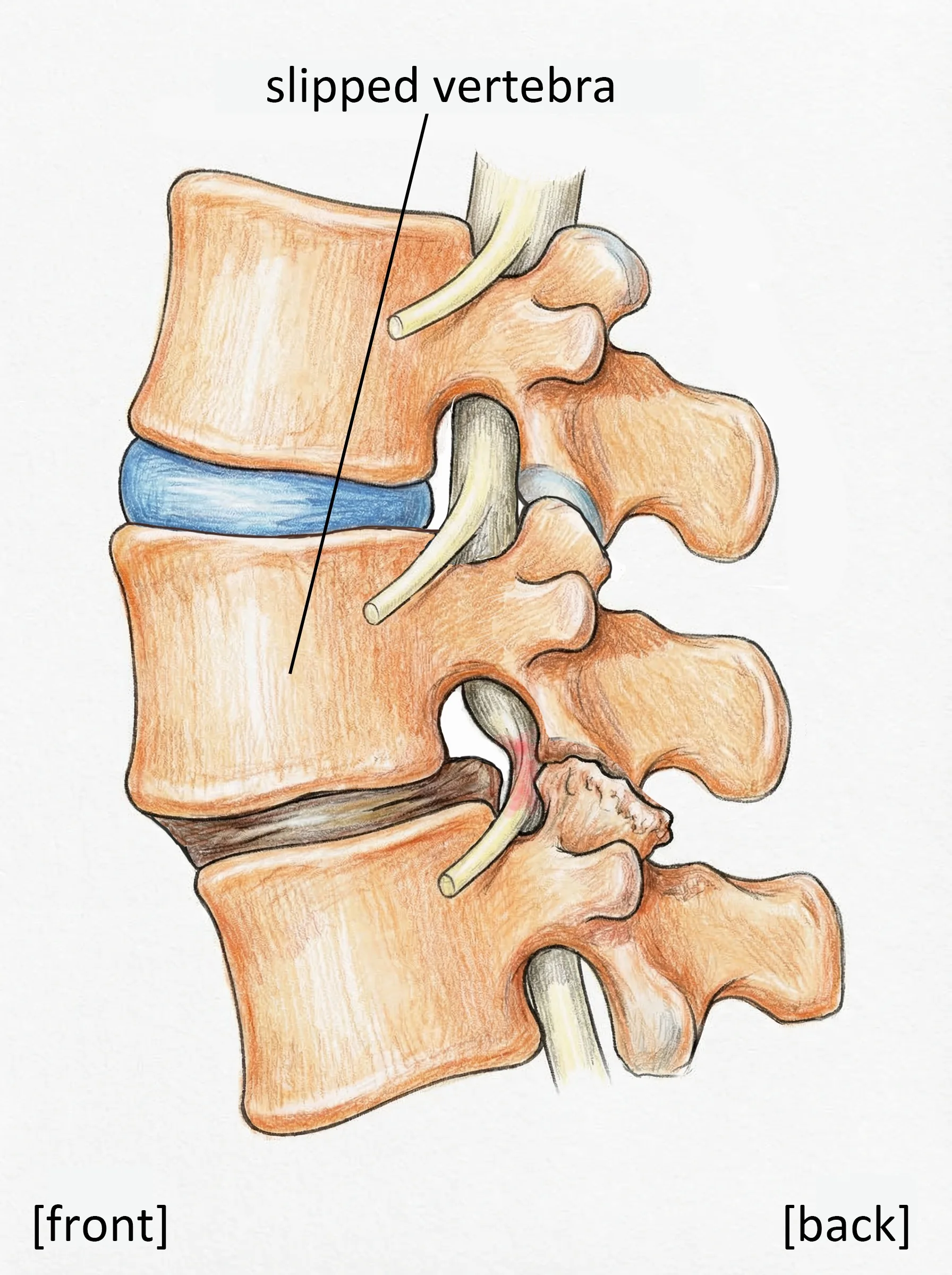 Spondylolisthesis — one vertebra slipping forward over the one below