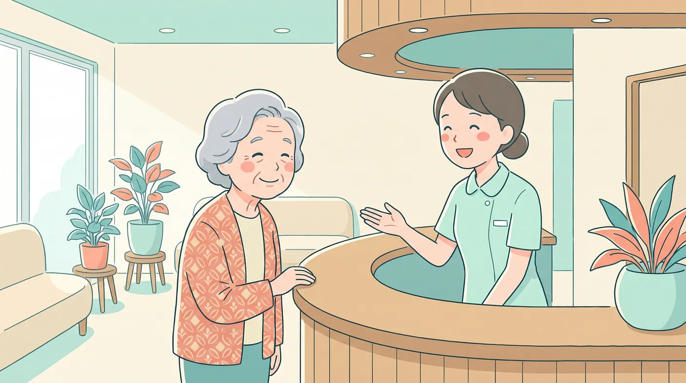 クリニックの受付で笑顔のスタッフに迎えられる患者さん
