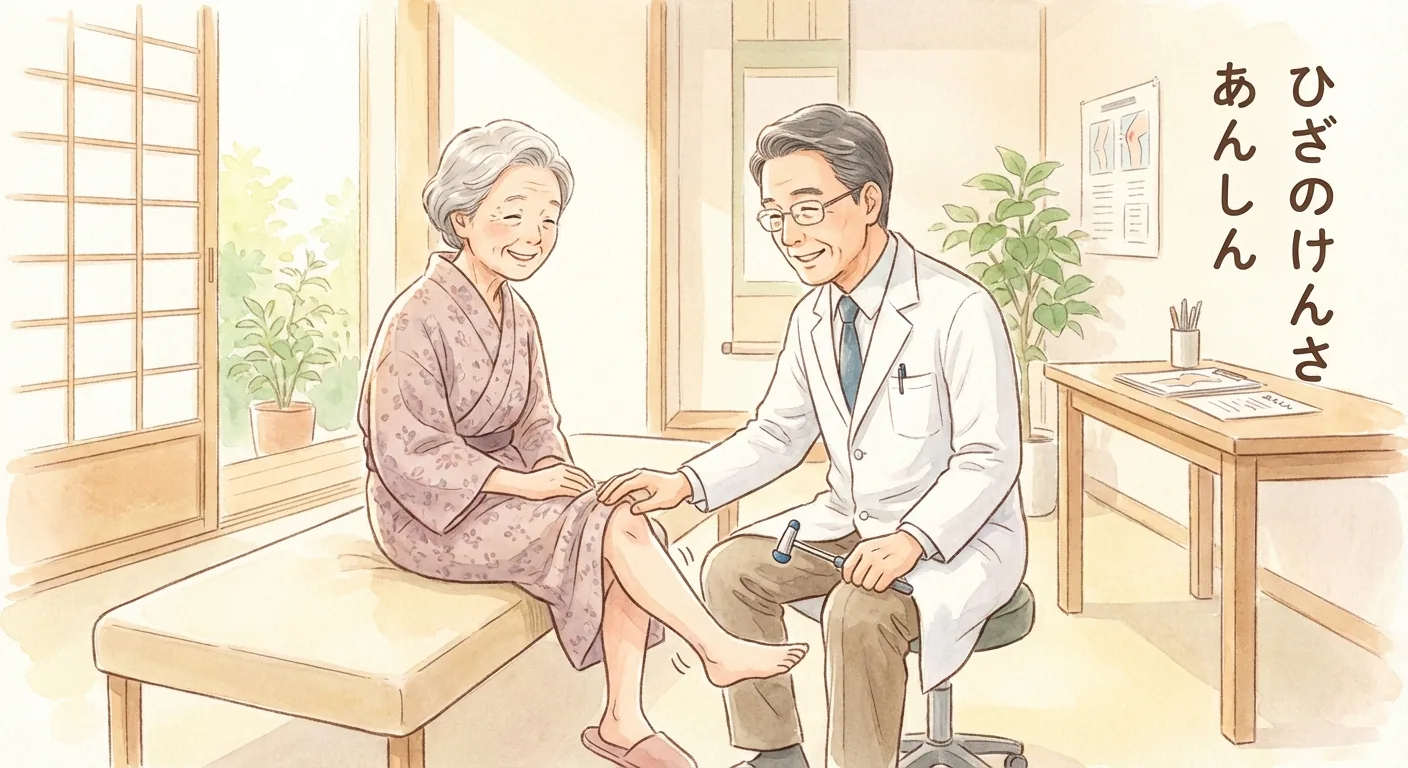 医師が患者さんの膝の反射をやさしく確認している身体診察の様子