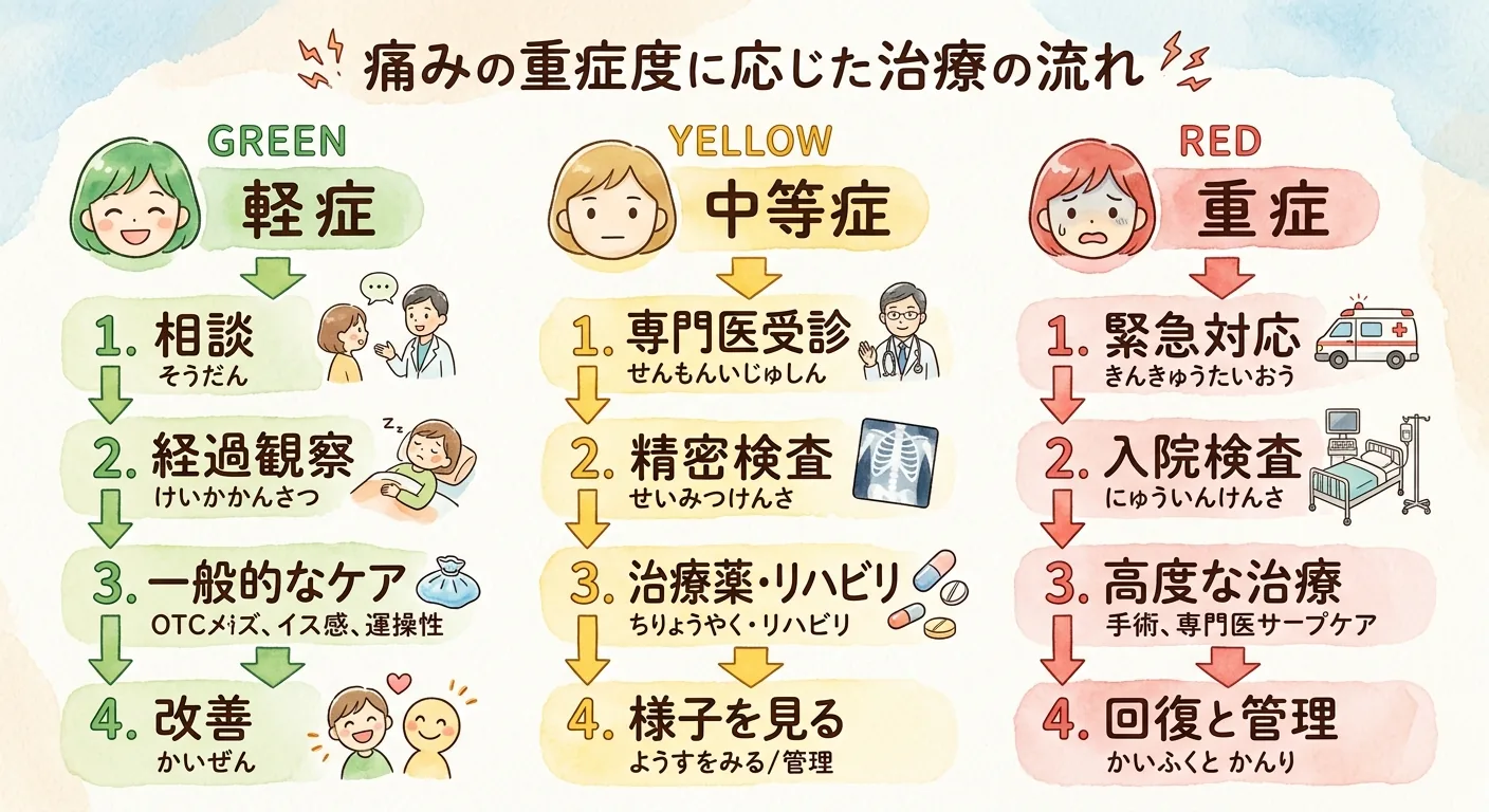 痛みの重症度に応じた治療の流れ：軽症・中等症・重症の3段階
