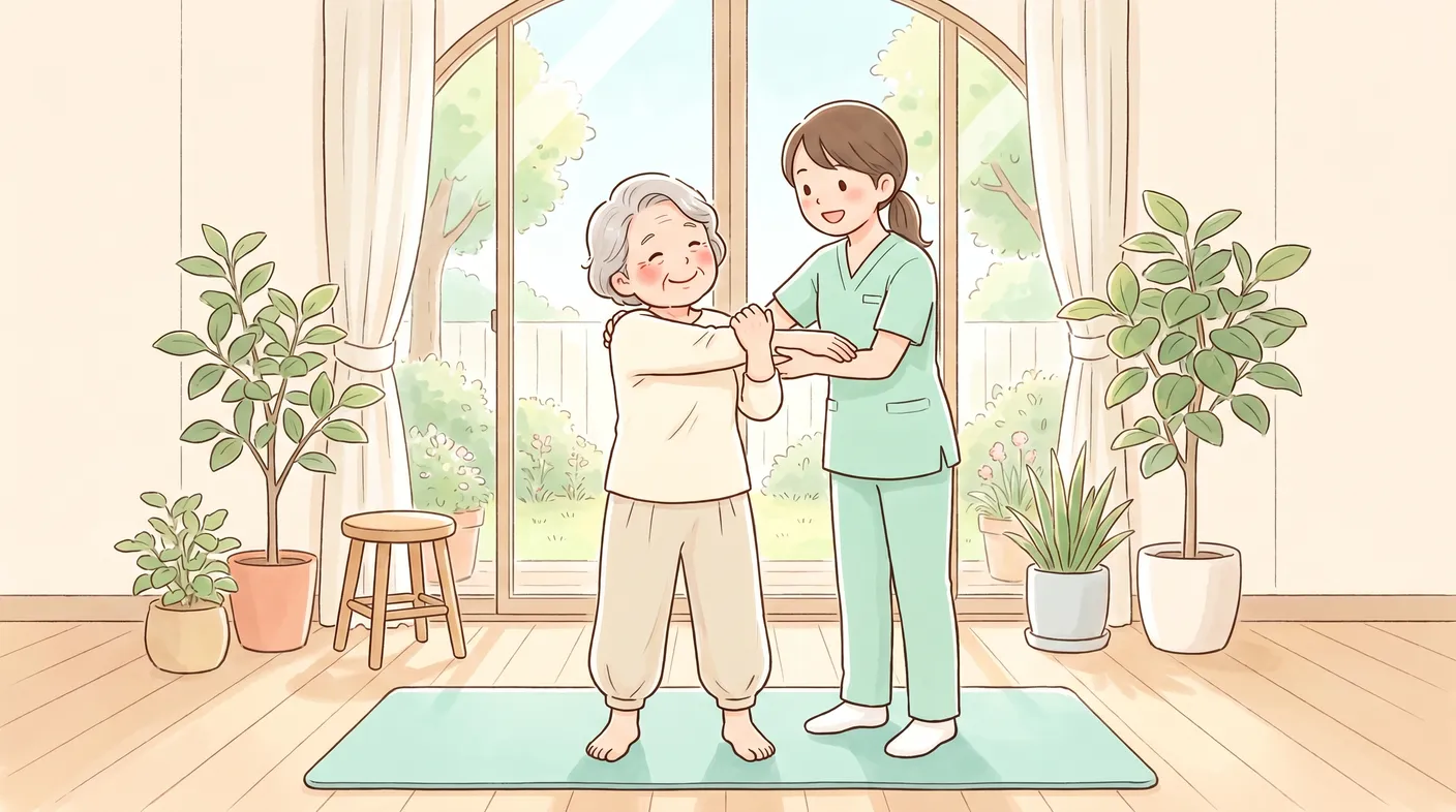 理学療法士と一緒にやさしいストレッチをする年配の女性