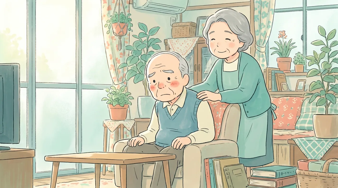 自宅で、不安な面持ちの夫にそっと寄り添う妻