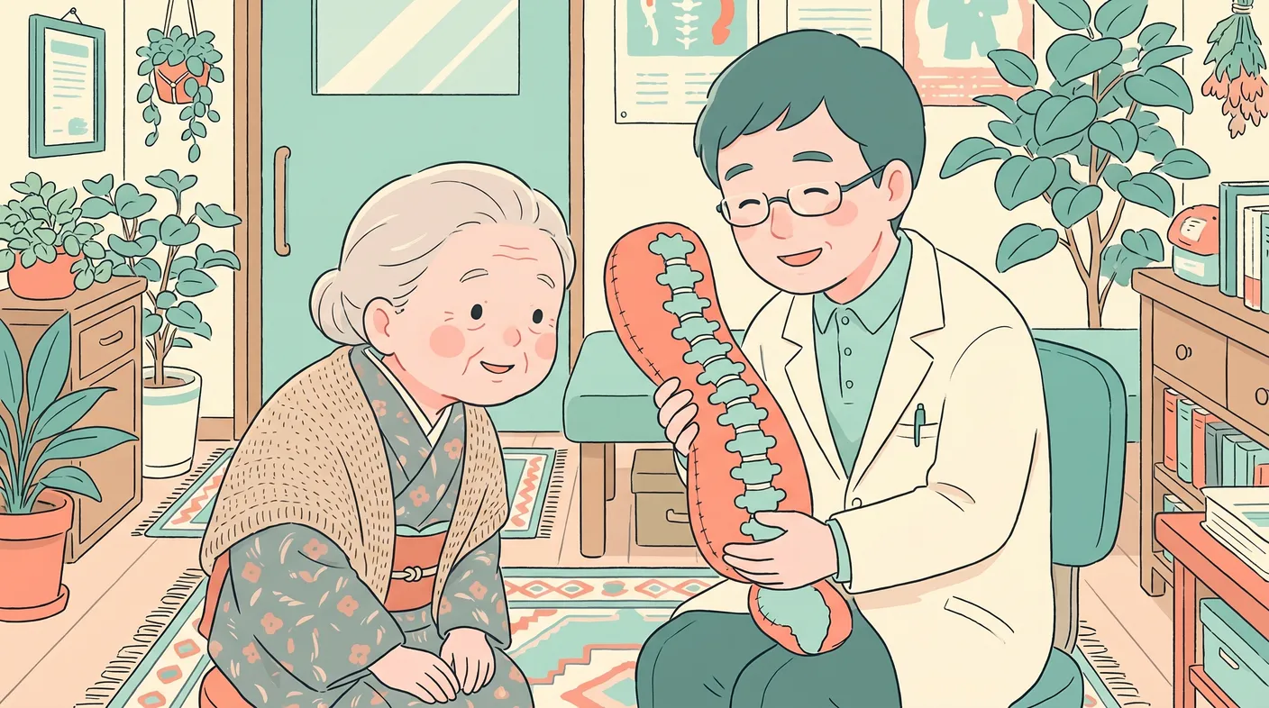 背骨の模型を使ってやさしく説明する医師