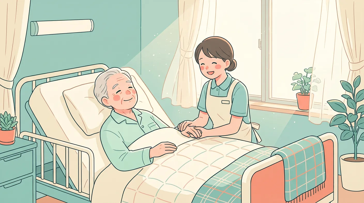 病室のベッドで穏やかに過ごす患者さんと、寄り添う看護師
