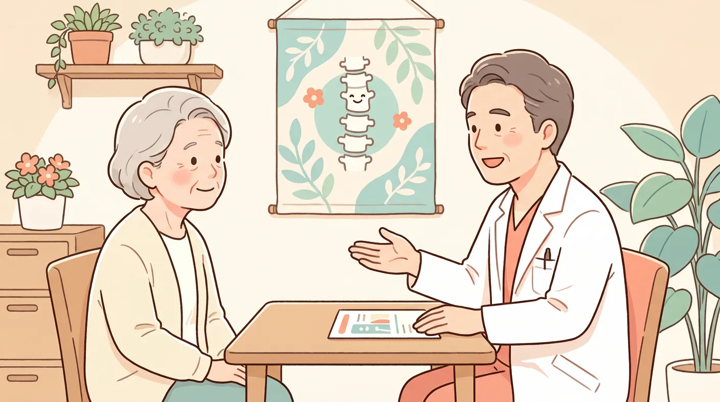 診察室で、医師が患者さんに正直に、やさしく説明している様子