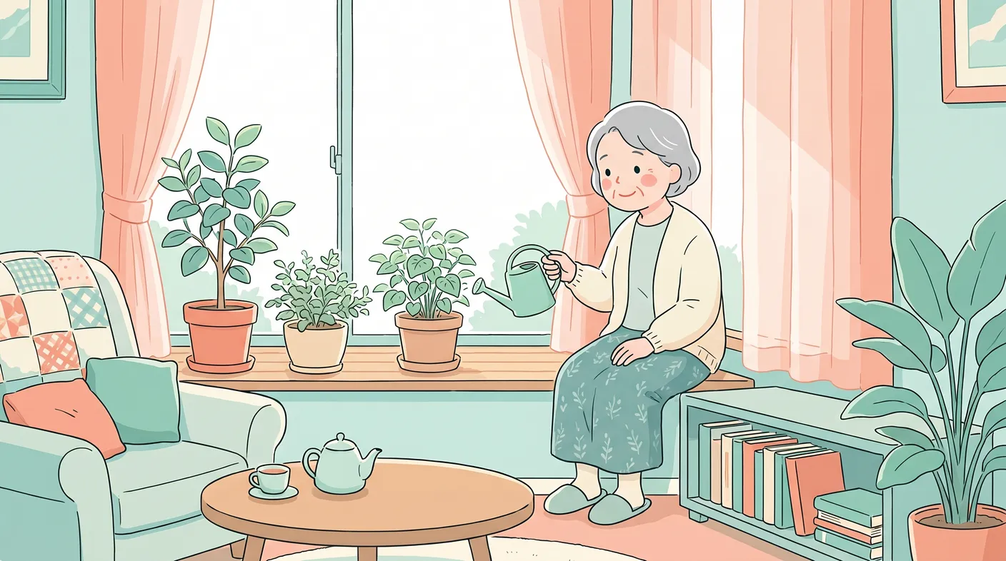 退院後、自宅で穏やかに過ごし植物に水をやる年配の女性