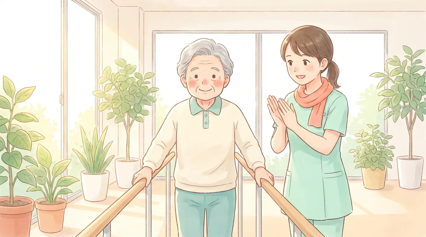平行棒で歩行訓練をする患者さんを励ます理学療法士