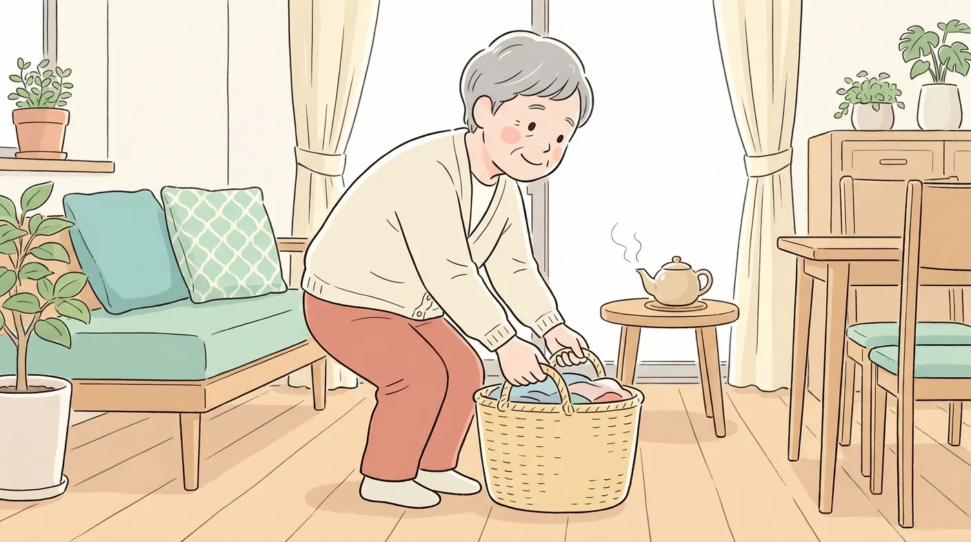 腰に負担をかけないよう、膝を曲げて荷物を持ち上げる年配の女性