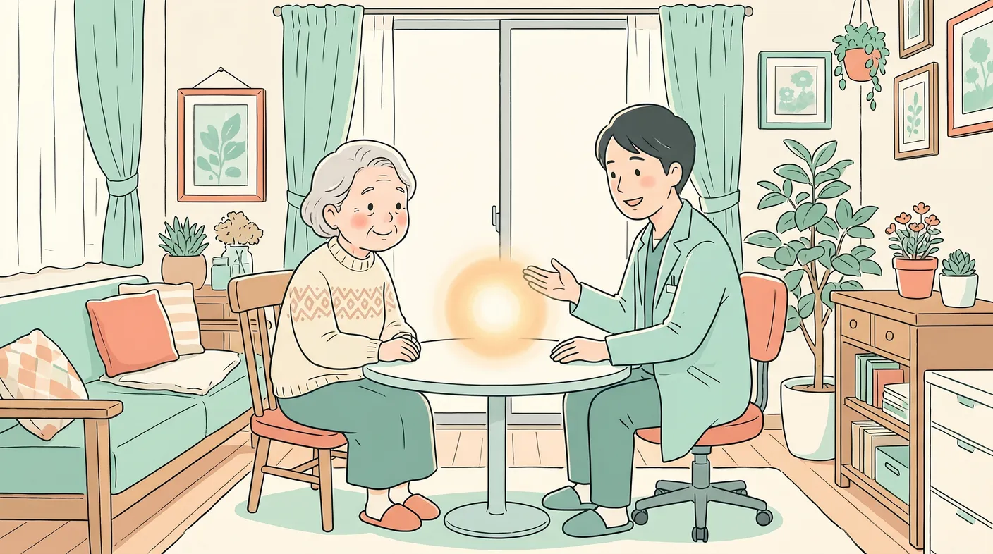 医師が新しい治療の選択肢についてやさしく希望を語る診察室