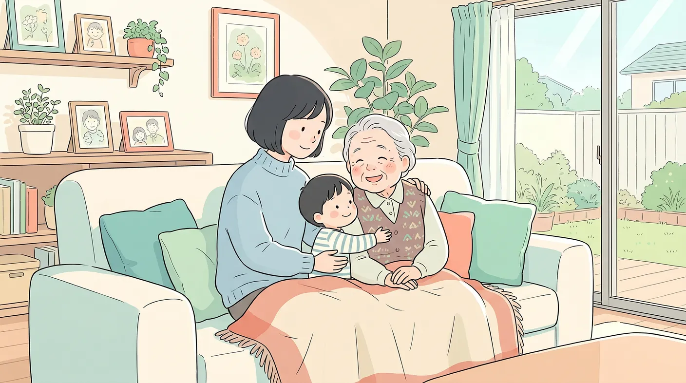 自宅で、年配の方に寄り添う娘と孫——家族のあたたかな時間