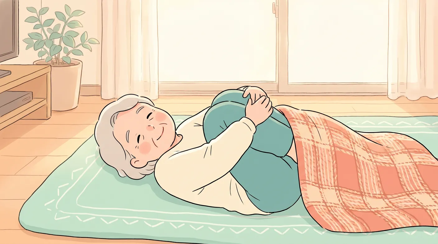 自宅でひざを抱える体操をする年配の方