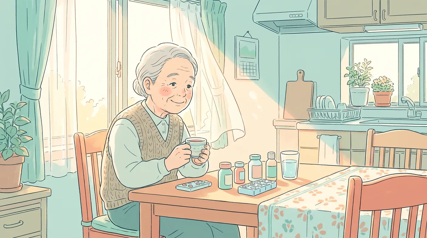 自宅でお薬を前に、ほっとひと息つく年配の方