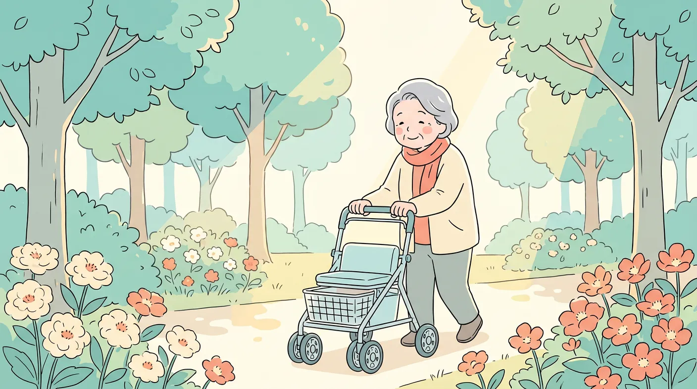 押し車を使って楽しそうに散歩する年配の方