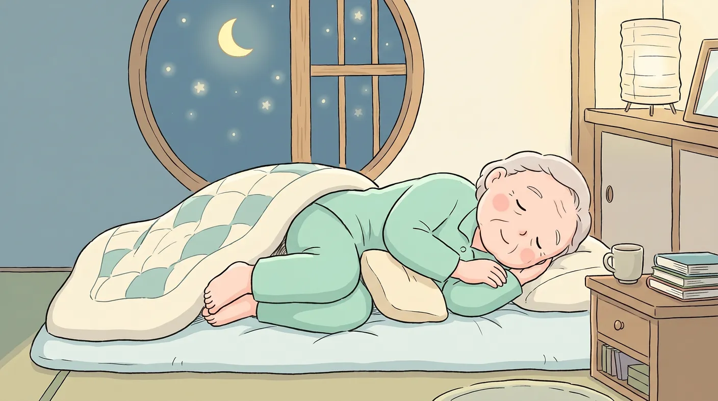 横向きで、ひざの間にクッションを挟んで穏やかに眠る年配の方