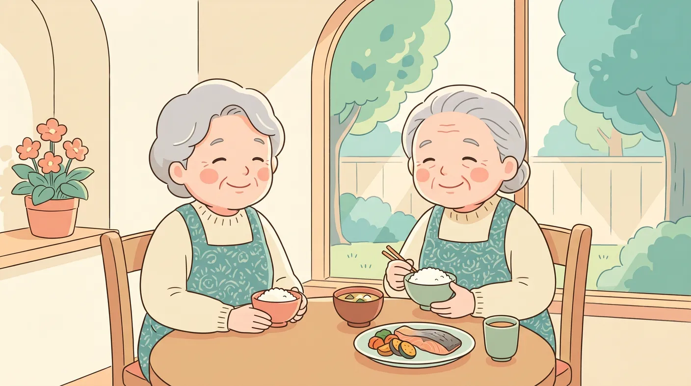 腹八分目の和やかな食卓を囲む年配のご夫婦
