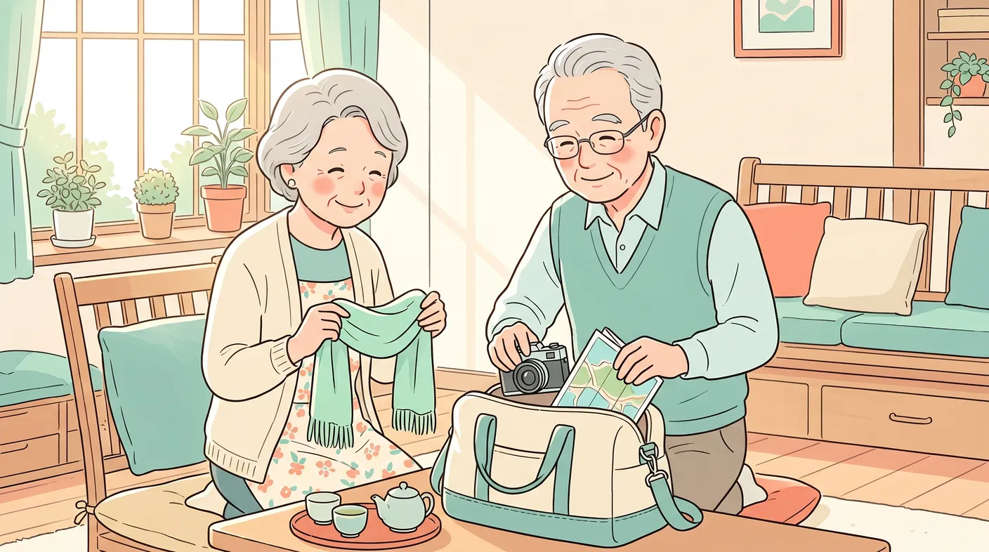 旅行の支度をする、笑顔の年配のご夫婦