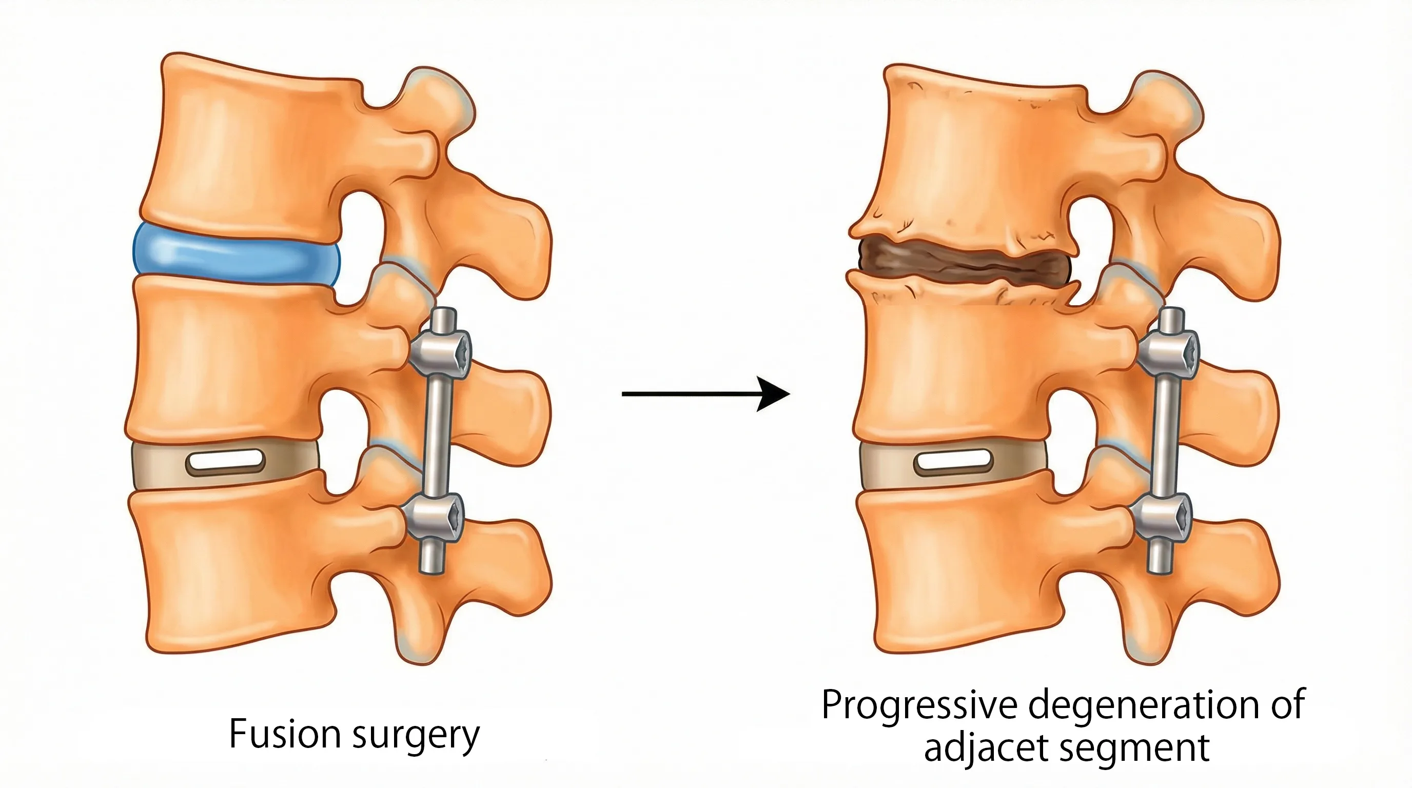 Adjacent segment disease: healthy disc above fusion degenerates over time due to extra stress