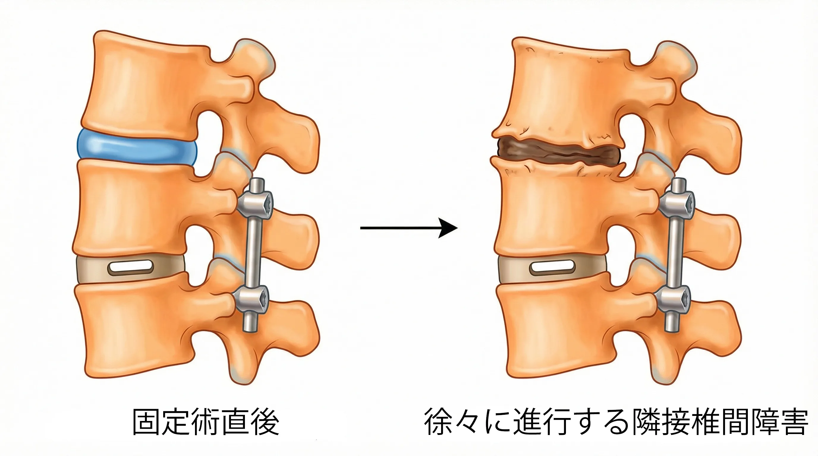 隣接椎間障害：固定された隣の椎間板が時間とともに変性する様子