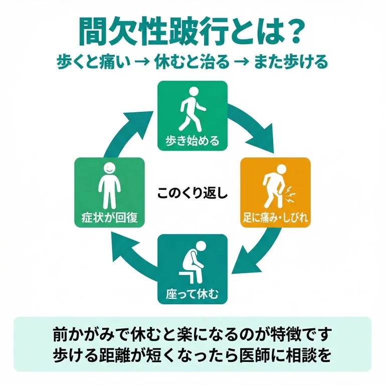 間欠性跛行のサイクル：歩き始める→足に痛み・しびれ→座って休む→症状が回復→また歩き始める