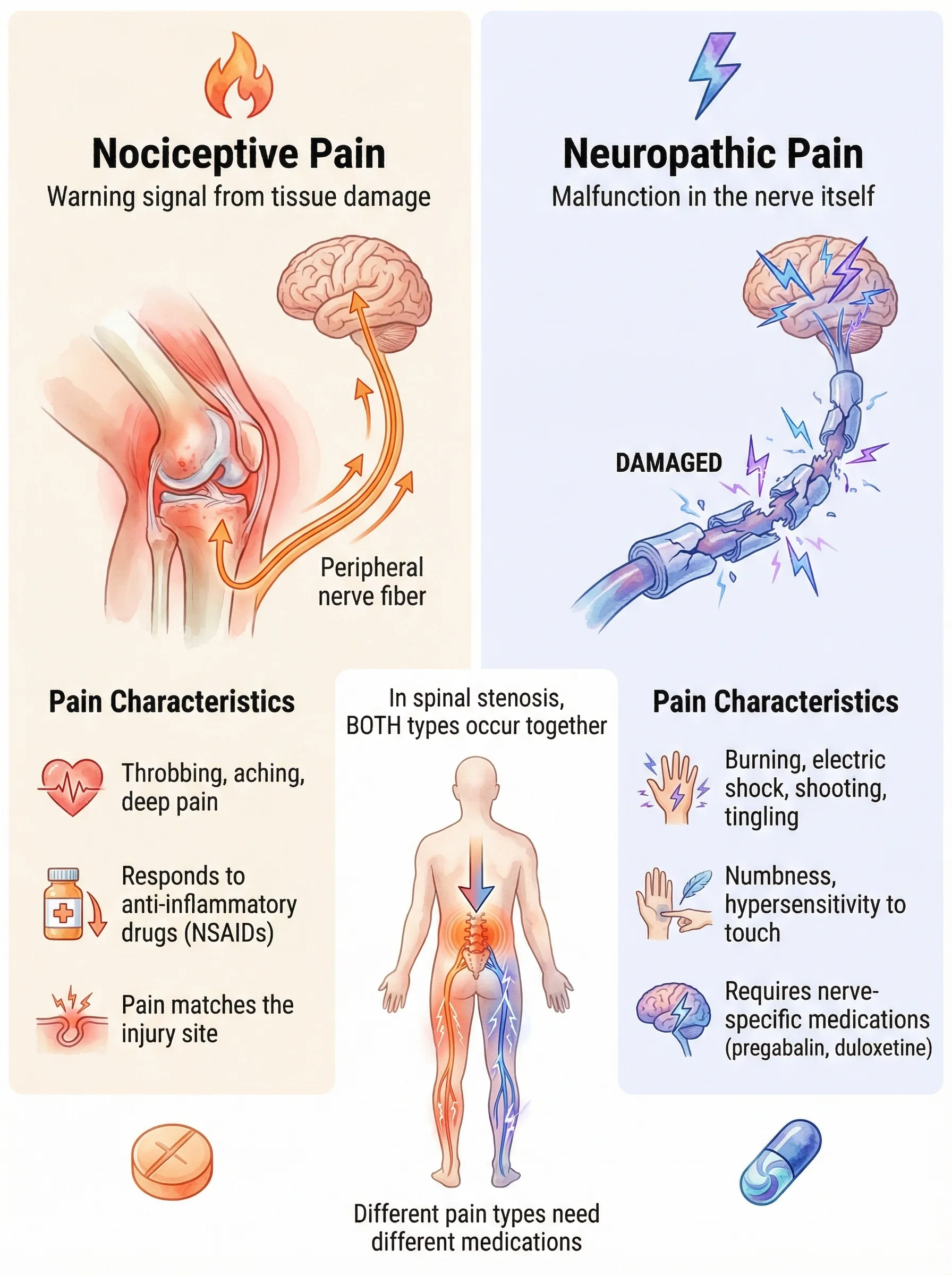 Two types of pain — nociceptive pain vs neuropathic pain