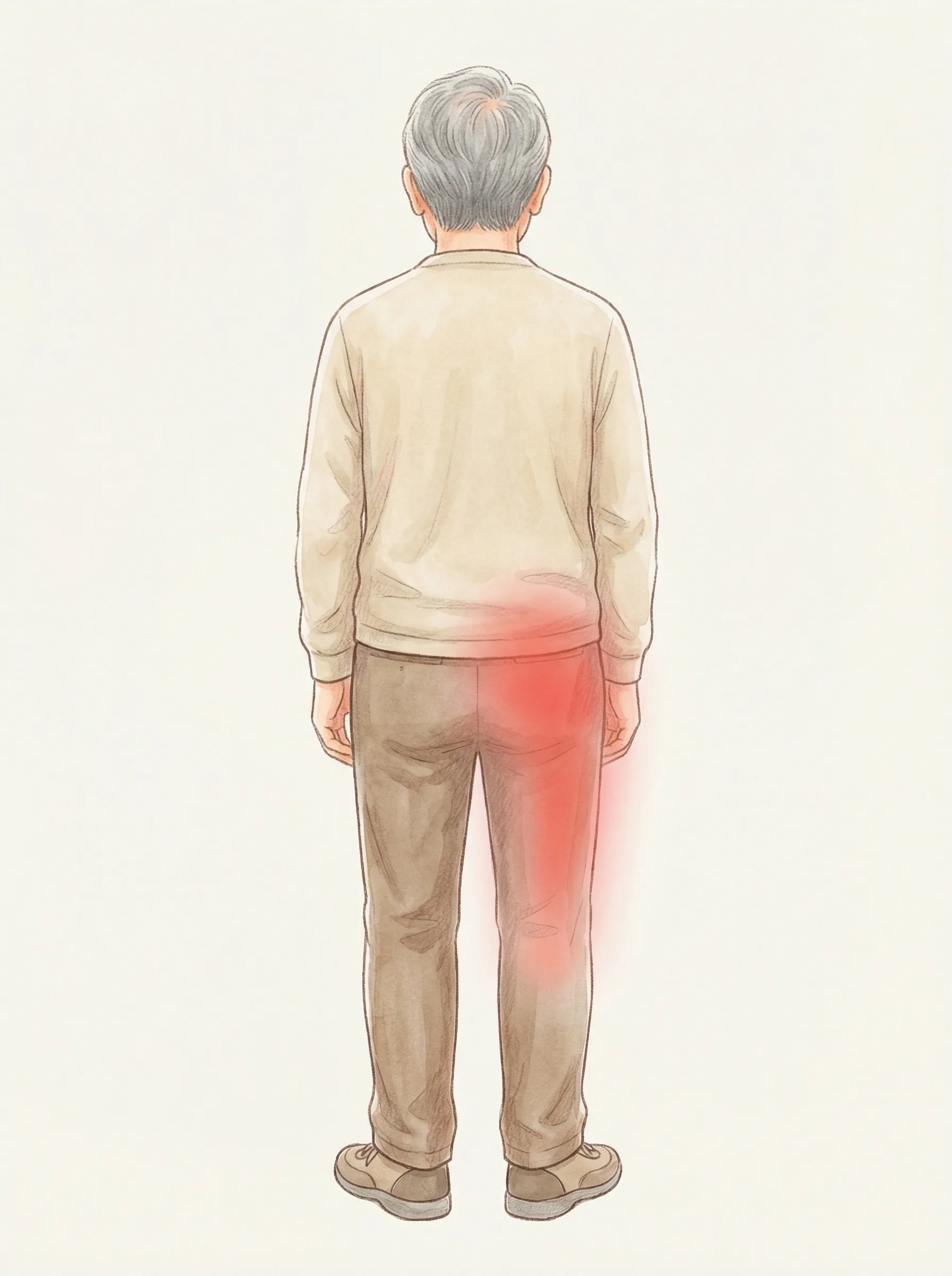 坐骨神経痛の痛みの範囲:臀部から太もも裏にかけて片側に赤く示された痛みの領域