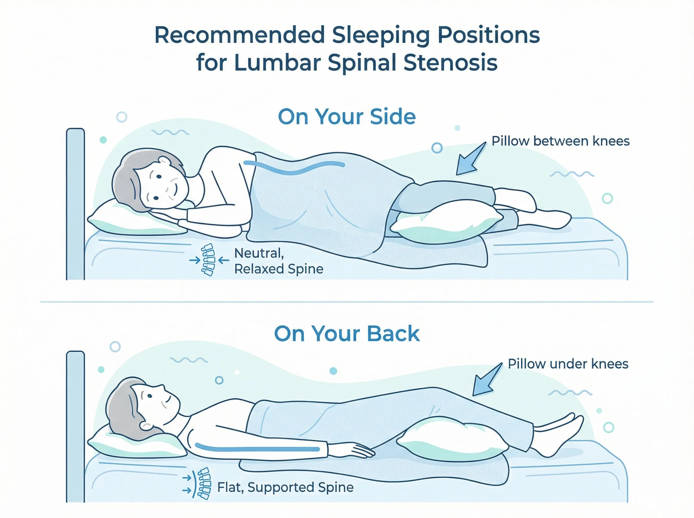 Recommended sleeping positions for spinal stenosis: side-lying with pillow between knees and on back with pillow under knees