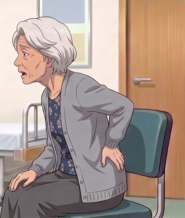 椅子から立ち上がろうとして、腰に手を当てて痛がる高齢の女性